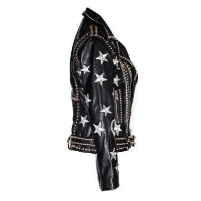 Handmade Men's Silver Studded Leather Jacket Biker Silver Stars Patches Christmas Party
