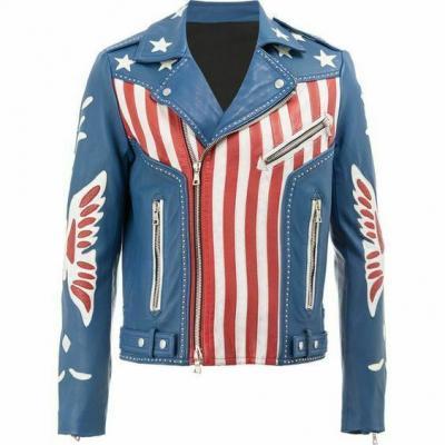 Men's Handmade Biker Jacket Balmain American Flag Print Leather Fashion Stylish