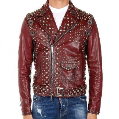 Handmade Men's Burgundy Color Belted Strap Rock Punk Studded Genuine Leather Jacket