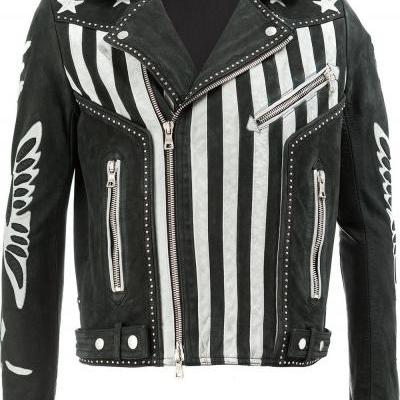 Men's Handmade Black Biker Jacket Balmain American Flag Print Leather Fashion Stylish