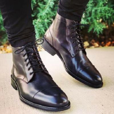 Handmade Men Black Leather Laceup Highankle Boots
